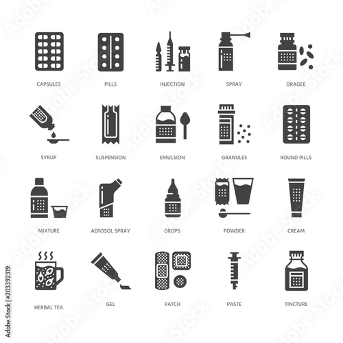 Medicines, dosage forms glyph icons. Pharmacy, tablet, capsules, pills, antibiotics, vitamins, painkillers Medical threatment health care signs for drug store. Solid silhouette pixel perfect 64x64.