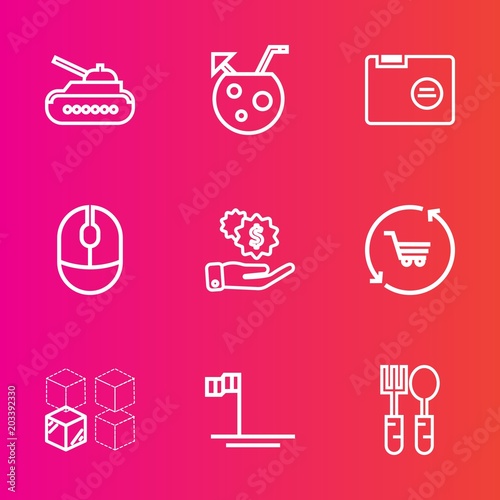 Premium set with outline vector icons. Such as ocean, blank, finance, armored, shop, house, battle, weapon, armor, investment, file, beach, replacement, restaurant, device, spoon, cardboard, dinner