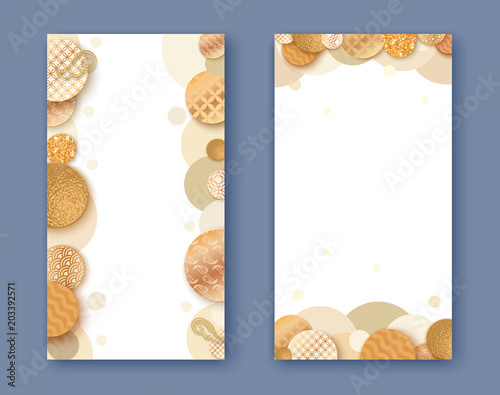 Brochure or packaging design set,  two fold golden business banner vertical template or background in trendy geometric style, with japan floral pattern, glitter metal texture, vector fashion poster