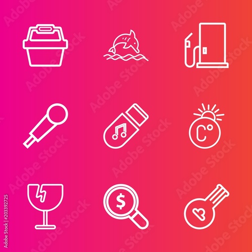 Premium set with outline vector icons. Such as find, water, wildlife, oil, gasoline, nature, ocean, storage, station, dolphin, fahrenheit, audio, sound, market, musical, window, search, music, string