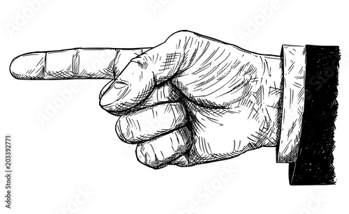 Vector artistic pen and ink drawing illustration of businessman hand in suit with finger pointing left direction.