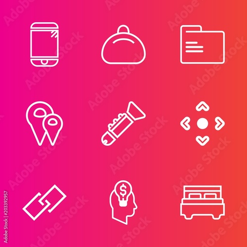 Premium set with outline vector icons. Such as concept, arrow, accessory, phone, trumpet, link, road, file, modern, bag, hyperlink, bedroom, double, web, cellphone, map, style, pin, screen, technology