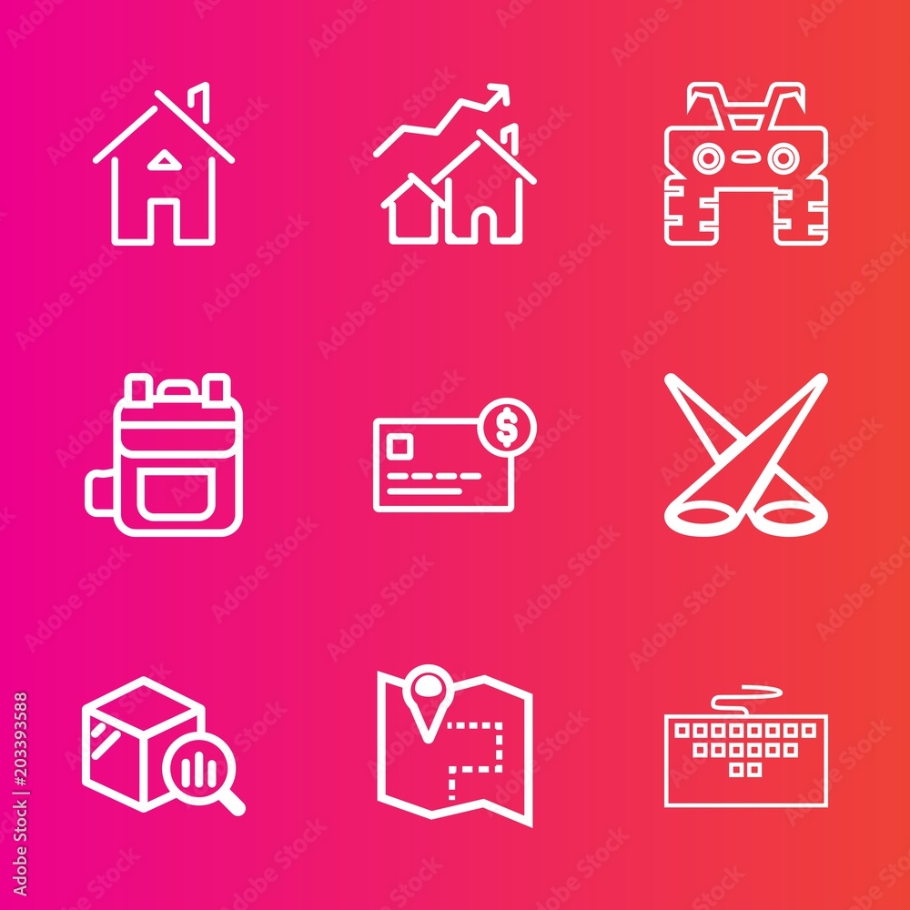 Premium set with outline vector icons. Such as increase, map, travel, money, race, work, keyboard, bag, statistic, wheel, home, building, construction, pin, laptop, estate, architecture, business, atv Premium set with outline vector icons. Such as increase, map, travel, money, race, work, keyboard, bag, statistic, wheel, home, building, construction, pin, laptop, estate, architecture, business, atv