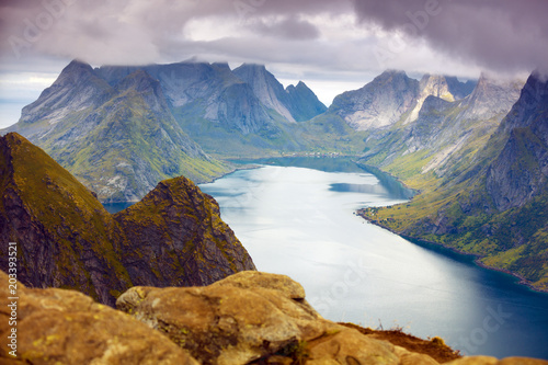Aerial view from mountain of fjord. Reine, Norway. Beautiful nature