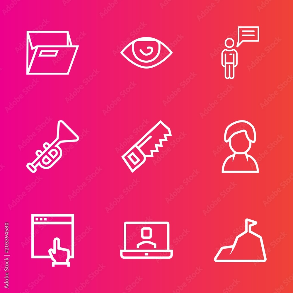 Premium set with outline vector icons. Such as mountain, female, construction, click, communication, nose, person, blank, trumpet, paper, call, eye, video, chat, jazz, bugle, technology, human, ear Premium set with outline vector icons. Such as mountain, female, construction, click, communication, nose, person, blank, trumpet, paper, call, eye, video, chat, jazz, bugle, technology, human, ear