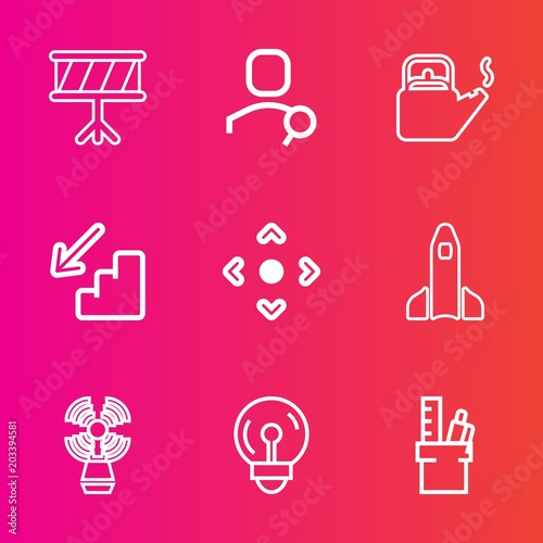 Premium set with outline vector icons. Such as downstairs, business, light, science, account, hot, office, lighthouse, bulb, web, internet, seamark, electric, work, search, upstairs, drum, button, sea