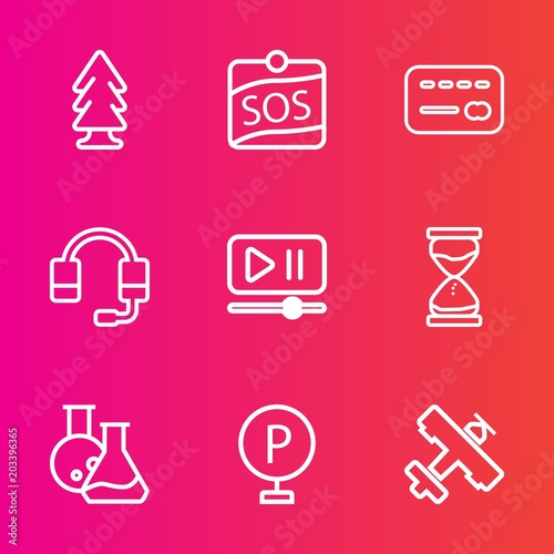 Premium set with outline vector icons. Such as aircraft, road, lot, money, interface, sign, travel, tool, medicine, plant, pine, green, nature, vehicle, card, microphone, help, wood, hour, sos, label