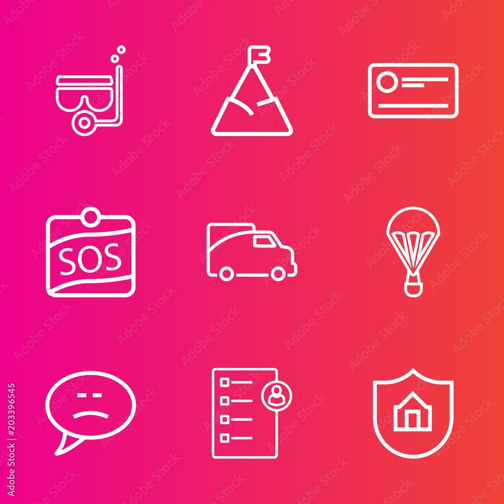 Premium set with outline vector icons. Such as bubble, sky, mask, finance, parachute, snorkel, beach, blue, vehicle, landscape, cheque, nature, message, jump, mountain, sport, snorkeling, van, sign Premium set with outline vector icons. Such as bubble, sky, mask, finance, parachute, snorkel, beach, blue, vehicle, landscape, cheque, nature, message, jump, mountain, sport, snorkeling, van, sign