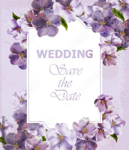 Wedding Invitation purple card Vector. Spring Floral backgrounds. Ultra viole...