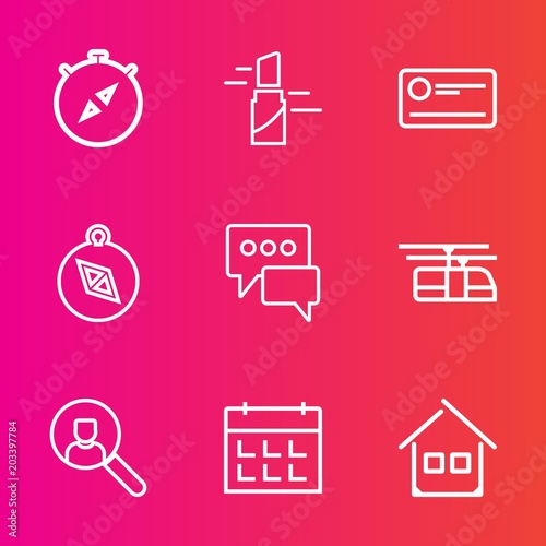 Premium set with outline vector icons. Such as nautical, direction, fashion, transportation, home, house, finance, sky, message, online, lip, color, bank, bubble, day, payment, schedule, timetable