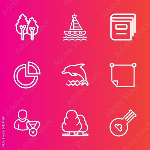 Premium set with outline vector icons. Such as sea, vessel, forest, plant, water, yacht, wildlife, library, folk, education, musical, chart, music, string, landscape, instrument, pine, dolphin, speed
