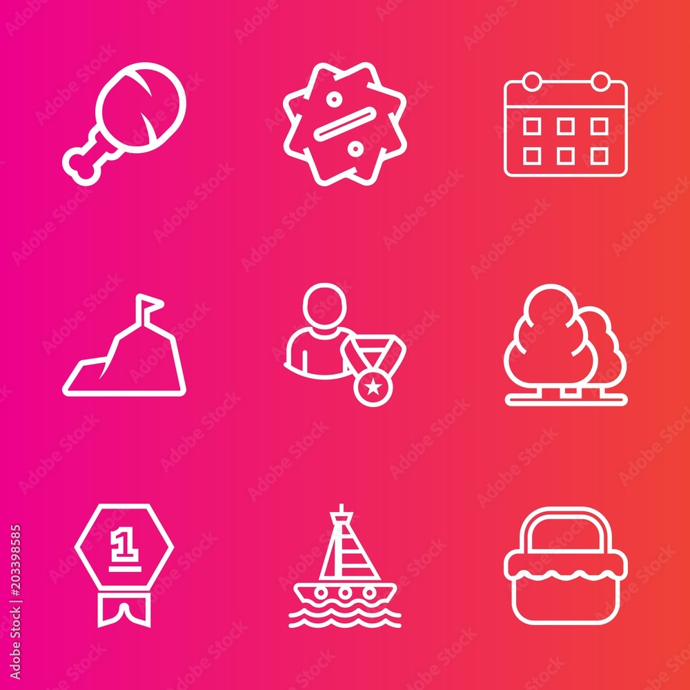 Premium set with outline vector icons. Such as snack, picnic, award, tree, meal, label, profile, mountain, summer, schedule, time, sea, day, food, landscape, chicken, achievement, park, calendar, sky Premium set with outline vector icons. Such as snack, picnic, award, tree, meal, label, profile, mountain, summer, schedule, time, sea, day, food, landscape, chicken, achievement, park, calendar, sky