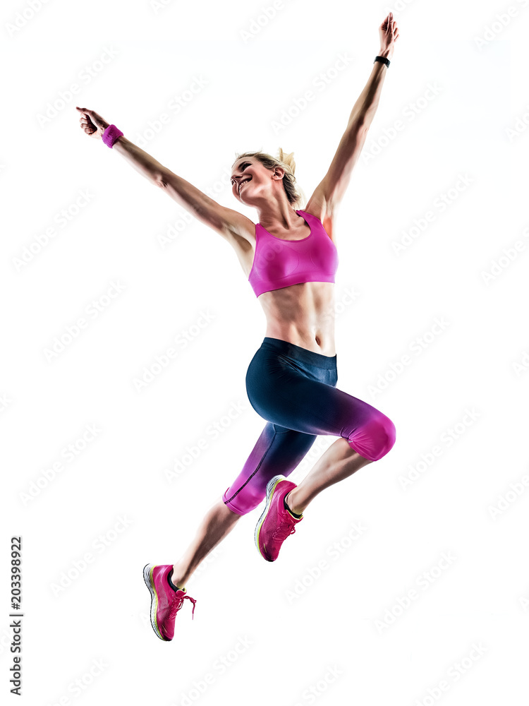 one caucasian woman sport runner running jogger jogging happy isolated on white background