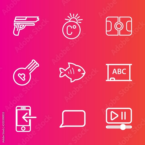 Premium set with outline vector icons. Such as black, football, folk, player, pistol, soccer, transfer, gun, speech, musical, sea, military, sport, technology, board, background, button, weapon, white