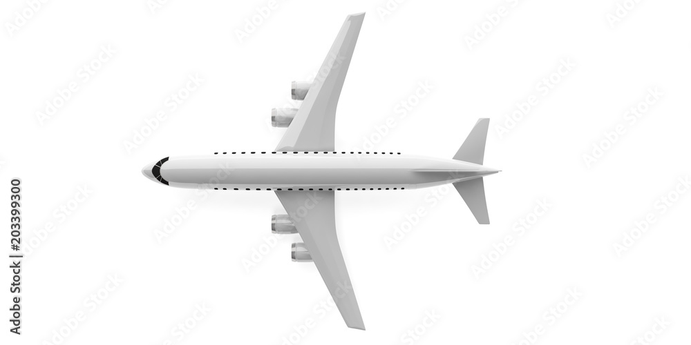 Airplane isolated, cutout, white background, top view. 3d illustration