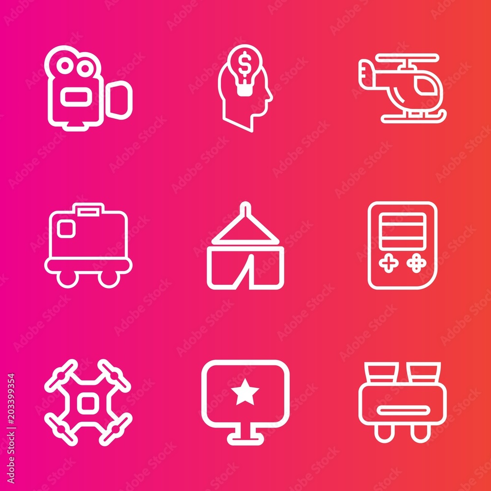 Premium set with outline vector icons. Such as nature, tent, sky, search, transportation, drone, airport, transport, professional, concept, camera, luggage, media, technology, vision, lens, movie, air Premium set with outline vector icons. Such as nature, tent, sky, search, transportation, drone, airport, transport, professional, concept, camera, luggage, media, technology, vision, lens, movie, air