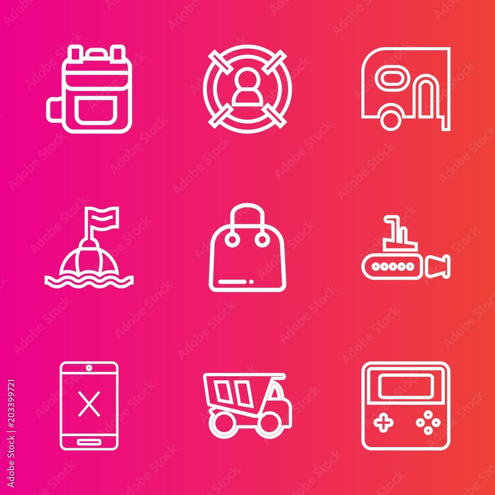 Premium set with outline vector icons. Such as coaxial, leather, paper, dumper, group, bag, buoy, marine, safety, dump, vehicle, water, car, ocean, fashion, target, backpack, customer, arrow, web, sea Premium set with outline vector icons. Such as coaxial, leather, paper, dumper, group, bag, buoy, marine, safety, dump, vehicle, water, car, ocean, fashion, target, backpack, customer, arrow, web, sea