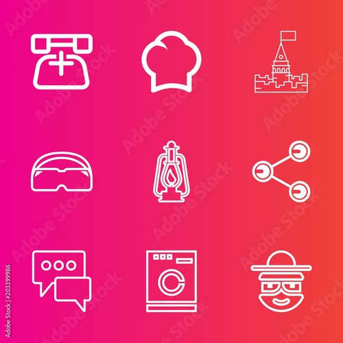 Premium set with outline vector icons. Such as job, character, uniform, old, chef, vintage, message, machine, contact, chief, chat, share, man, sign, professional, glasses, architecture, tower, cook