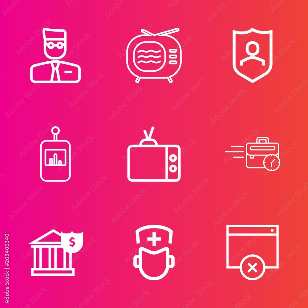 Premium set with outline vector icons. Such as finance, security, surgeon, shield, account, screen, secure, sign, protection, button, antenna, money, computer, user, tuner, safety, retro, tv, profile Premium set with outline vector icons. Such as finance, security, surgeon, shield, account, screen, secure, sign, protection, button, antenna, money, computer, user, tuner, safety, retro, tv, profile