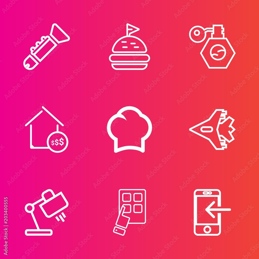 Fototapeta premium Premium set with outline vector icons. Such as home, airplane, cook, interior, house, meal, bread, internet, lettuce, device, orchestra, tomato, property, bottle, chef, mobile, food, chief, instrument