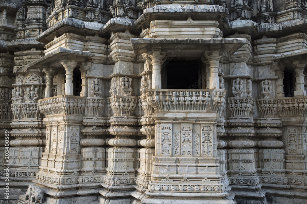 Ancient Architectural Ornament, Stone Carving Decorations Inside Ranakpur Jain Temple in Rajasthan, India Ancient Architectural Ornament, Stone Carving Decorations Inside Ranakpur Jain Temple in Rajasthan, India