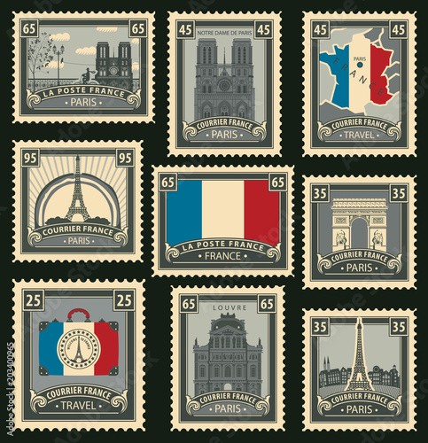 Vector set of postage stamps on the theme of travel in France with the French flag a variety of historical architectural sights landmarks