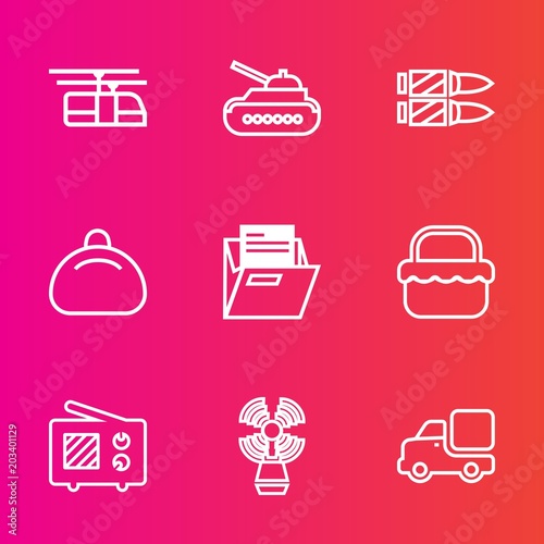 Premium set with outline vector icons. Such as food, transportation, object, transport, seamark, fashion, armored, wireless, radio, bag, beacon, white, lighthouse, railroad, picnic, bullet, folder