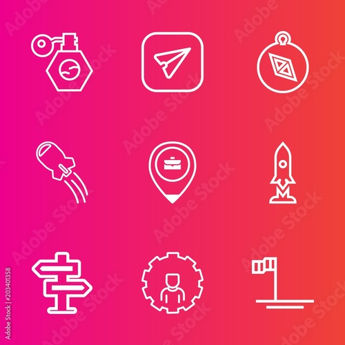 Premium set with outline vector icons. Such as email, phone, travel, space, smartphone, account, compass, mexico, rocket, doorknob, spaceship, mobile, web, north, send, south, job, location, door