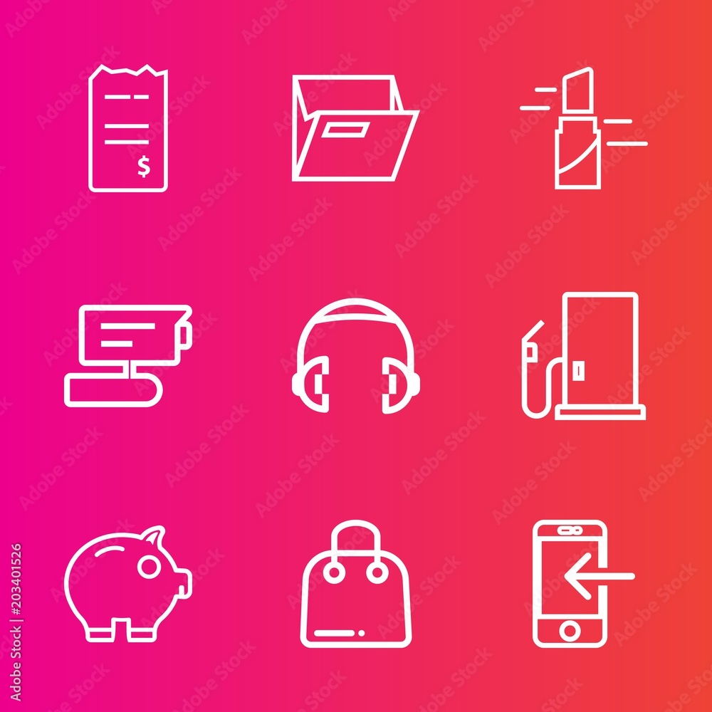 Premium set with outline vector icons. Such as sound, red, headphone, fashion, gas, female, blank, camera, record, credit, video, audio, open, transfer, view, folder, business, fuel, phone, empty, tv Premium set with outline vector icons. Such as sound, red, headphone, fashion, gas, female, blank, camera, record, credit, video, audio, open, transfer, view, folder, business, fuel, phone, empty, tv