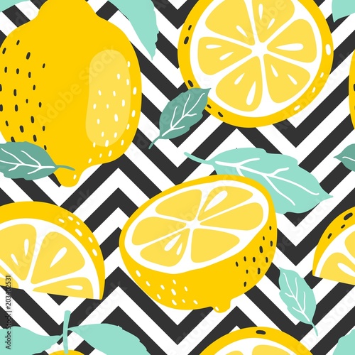Seamless summer pattern with slices and whole lemons. Vector illustration.