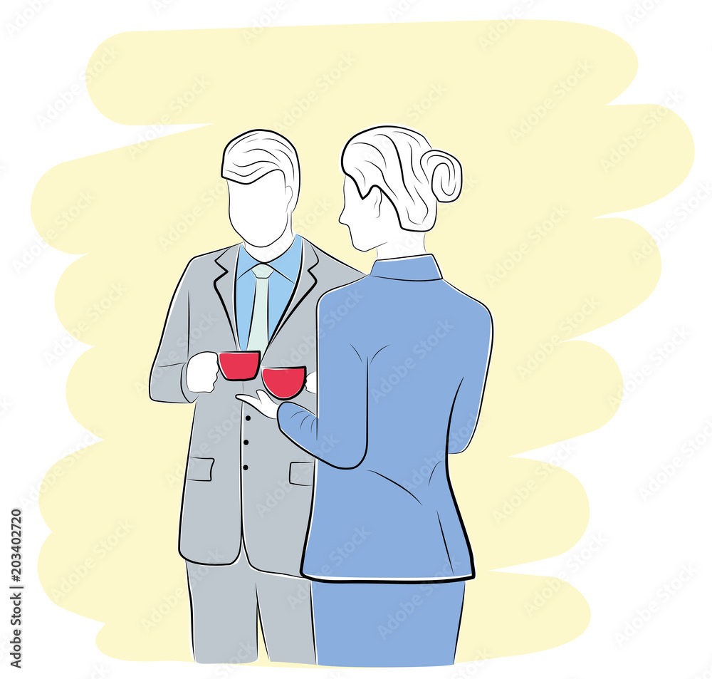 business man and business woman stand with cups of coffee (tea). a business meeting. coffee break. vector illustration. business man and business woman stand with cups of coffee (tea). a business meeting. coffee break. vector illustration.