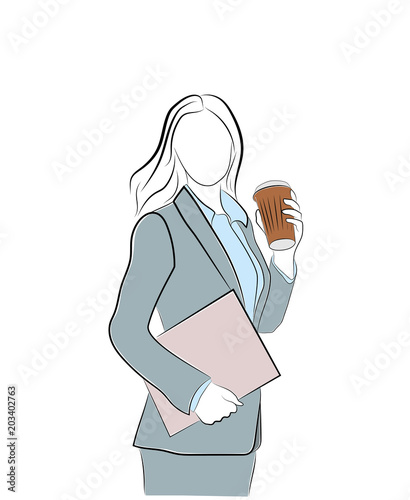businesswoman holding coffee. coffee break. cheerfulness before work. vector illustration.