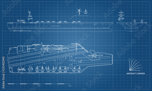 Blueprint of aircraft carrier. Military ship. Top, front and side view. Battleship model. Industrial drawing. Warship in outline style