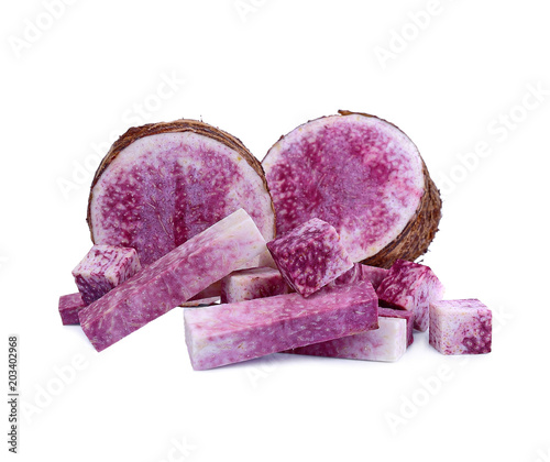 stick and cube of taro root isolated on white background photo