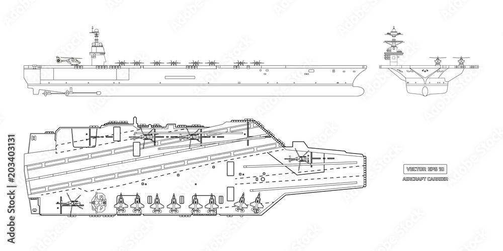 Outline image of aircraft carrier. Military ship. Top, front and side view. Battleship model. Industrial drawing. Warship in flat style