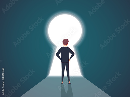 Businessman standing in a keyhole vector concept. Symbol of opportunity, solution, way for men in business.