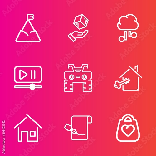 Premium set with outline vector icons. Such as cardboard, architecture, dirt, sign, delivery, property, house, mountain, leather, panorama, shipping, landscape, cargo, internet, paper, nature, button