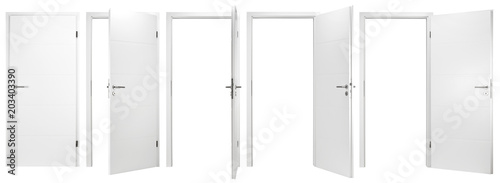 white wooden modern interior door collection set with different open closed situations isolated on white background photo