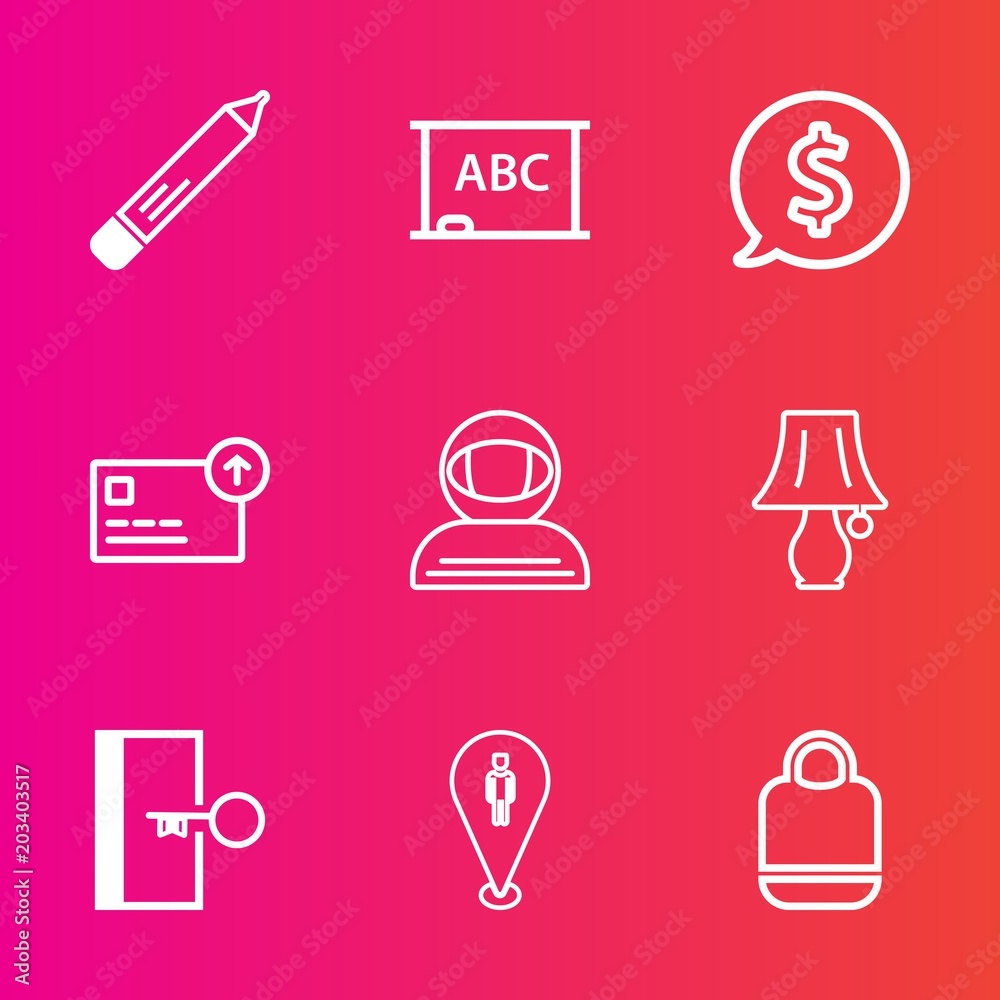 Premium set with outline vector icons. Such as paper, bag, cash, white, table, background, spacesuit, sign, lamp, office, space, frame, astronaut, leather, price, location, science, stationery, pencil Premium set with outline vector icons. Such as paper, bag, cash, white, table, background, spacesuit, sign, lamp, office, space, frame, astronaut, leather, price, location, science, stationery, pencil