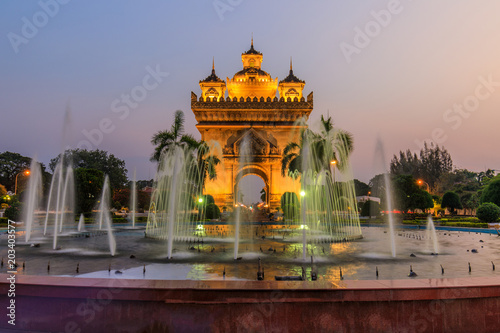 Patuxai monument in the evening, landmark of Vientiane, the capital of Laos.