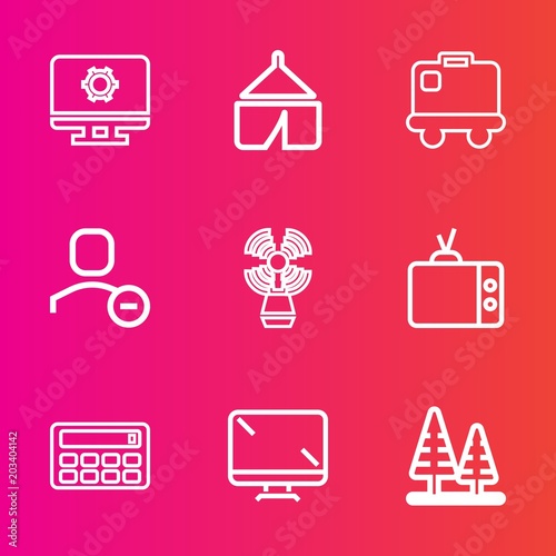 Premium set with outline vector icons. Such as terminal, tent, delete, display, suitcase, luggage, airport, environment, tourism, pictogram, sea, transportation, web, adventure, television, summer, tv