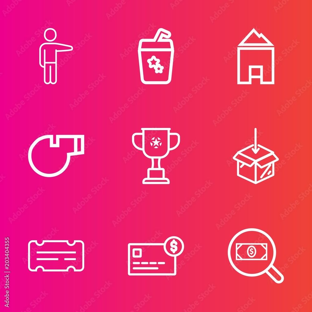 Premium set with outline vector icons. Such as house, upload, showing, finger, money, female, glass, white, people, card, winner, sport, cold, championship, ice, referee, victory, cocktail, find, cup Premium set with outline vector icons. Such as house, upload, showing, finger, money, female, glass, white, people, card, winner, sport, cold, championship, ice, referee, victory, cocktail, find, cup