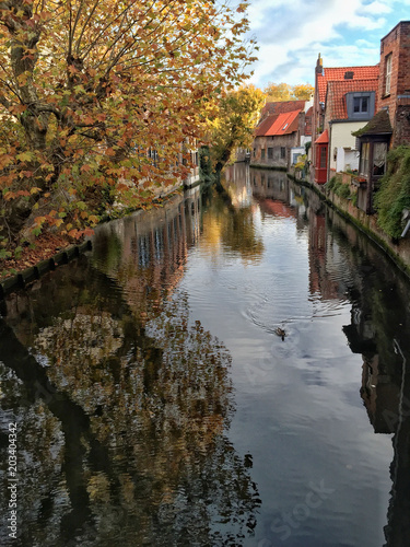 Canal of Bruges that surrounded by historical houses in Belgium