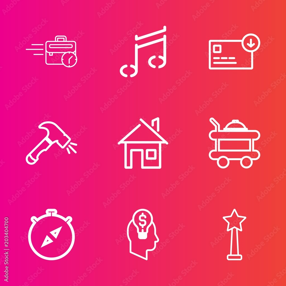 Premium set with outline vector icons. Such as desk, room, work, hotel, sitting, currency, office, shovel, home, sack, idea, direction, hand, technology, compass, north, house, late, estate, bed, sign Premium set with outline vector icons. Such as desk, room, work, hotel, sitting, currency, office, shovel, home, sack, idea, direction, hand, technology, compass, north, house, late, estate, bed, sign