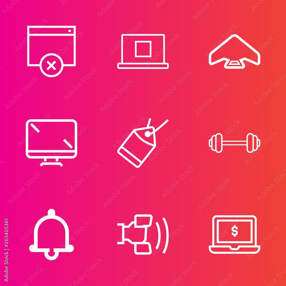 Premium set with outline vector icons. Such as bell, electronic, jump, page, computer, sign, gym, monitor, technology, sale, concept, extreme, digital, parachuting, telephone, paper, sky, notification Premium set with outline vector icons. Such as bell, electronic, jump, page, computer, sign, gym, monitor, technology, sale, concept, extreme, digital, parachuting, telephone, paper, sky, notification