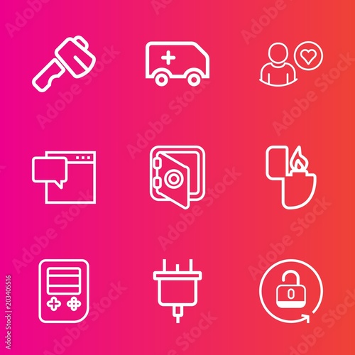 Premium set with outline vector icons. Such as emergency, electric, building, bubble, transportation, plug, button, open, fire, technology, repair, flame, hammer, medical, tool, banking, rescue, lock