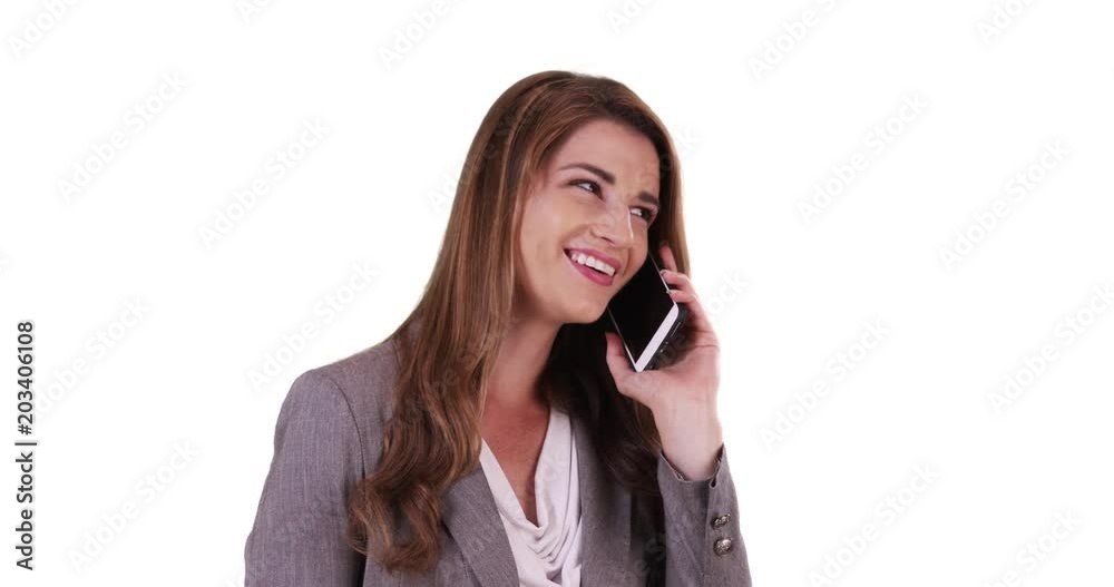 Portrait of professional white female having chat on phone on white background Portrait of professional white female having chat on phone on white background