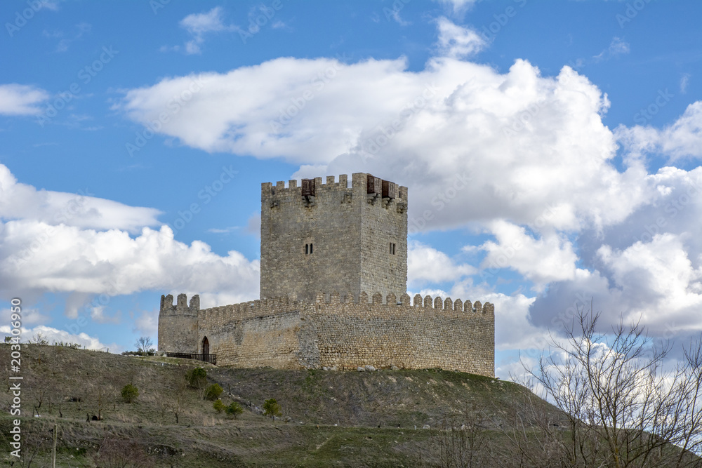 Castillo del pueblo de Tiedra  en la provincia de Valladolid  España en un día soleado de invierno