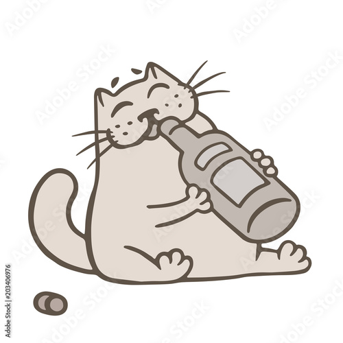 Cartoon cat holds a glass bottle of wine and drinks from it. Vector illustration
