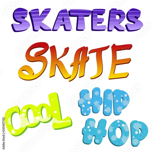 Set of 90s colored stickers. Funny lettering. Youth style text. Skateboarding typography. Vector illustration